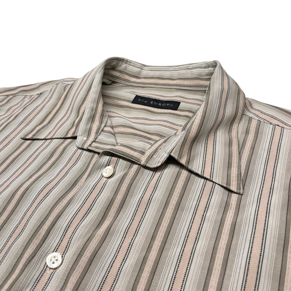 Via Europa Striped Button Up Shirt Mens XL Tan Brown Short Sleeve Rayon Blend